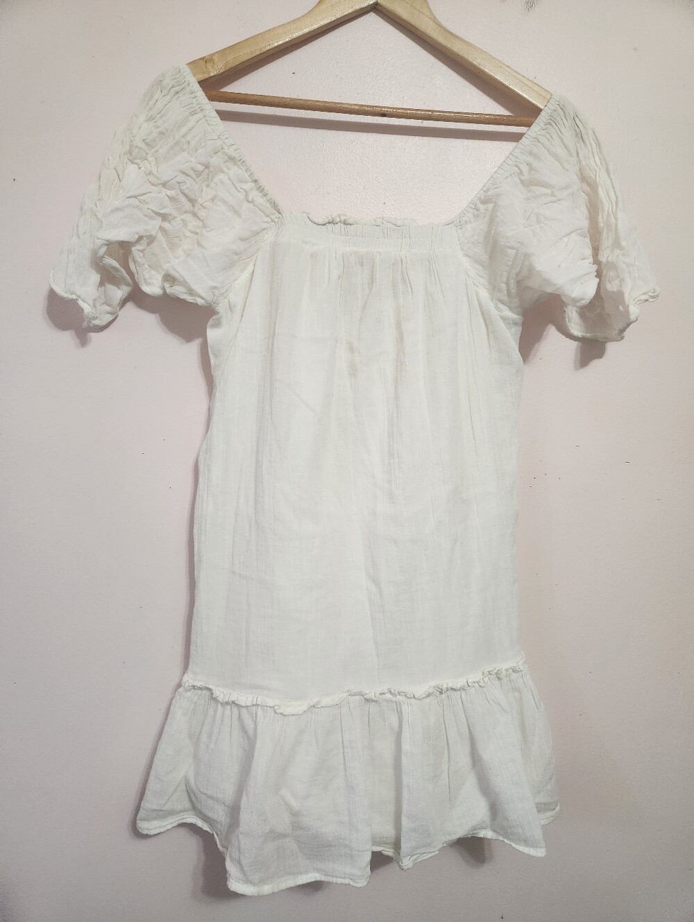 Billabong White Cotton Gauze Off Shoulder Peasant Ruffle Boho Mini Dress Medium